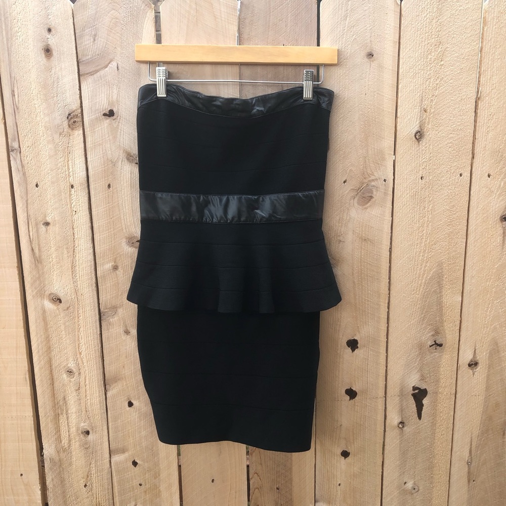 Bebe black bodycon strapless faux leather dress